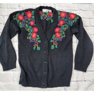 Petite Projections Small P Floral Embroidered Cardigan Knit Sweater Grapes Vines